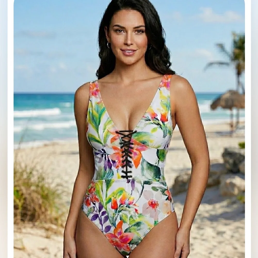 TINIBIKINI Watercolour Tropical Print & Sage Green REVERSIBLE One Piece Swimsuit - Picture 4 of 8